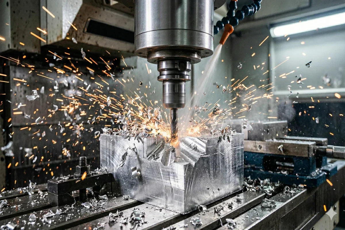 CNC milling machine in operation with sparks